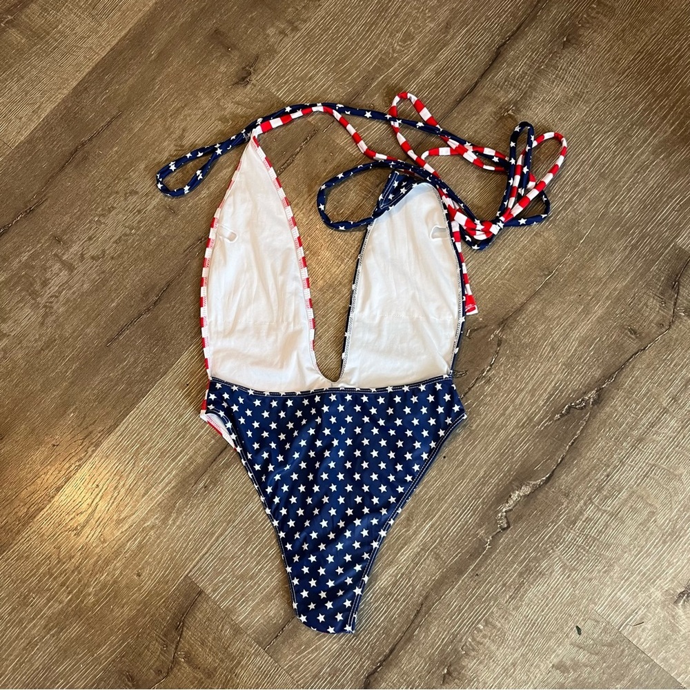 Womens American Flag One Piece Beach Swimwear Mono Thigh High Deep Vneck… - Picture 3 of 8